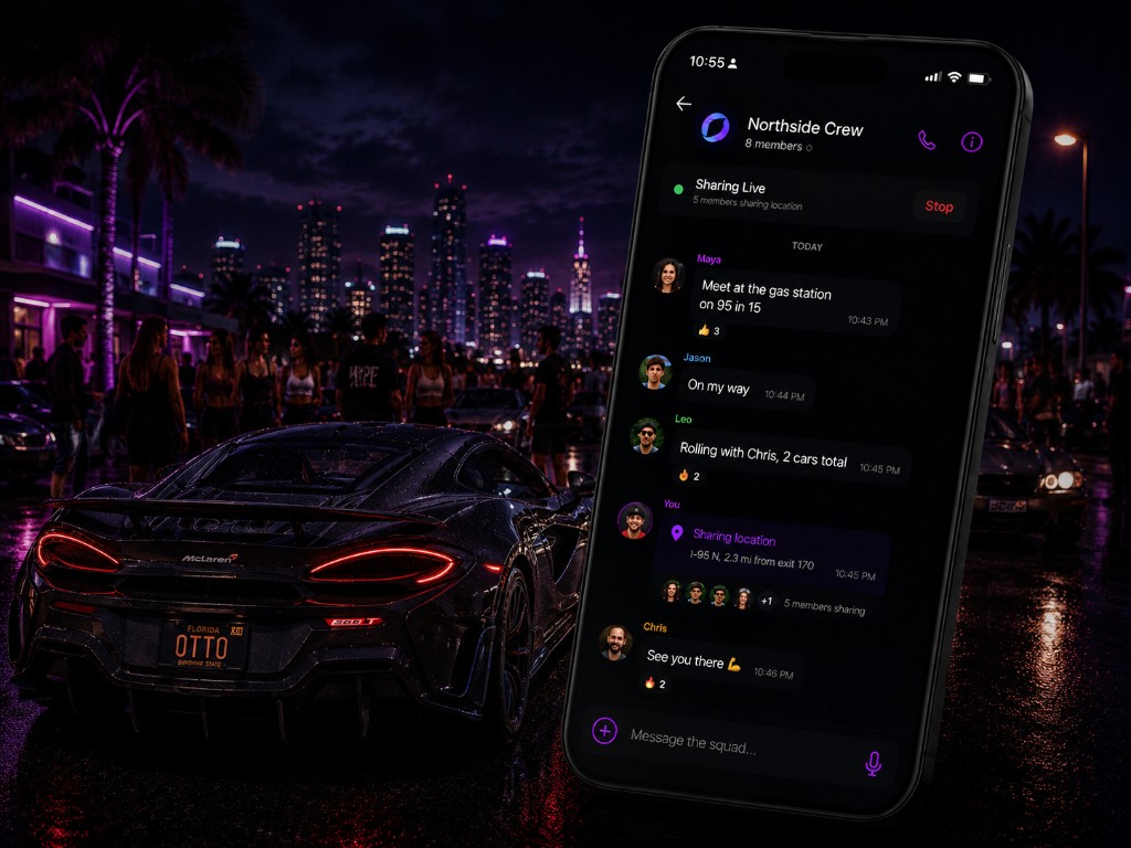 Driftd Northside Squad chat with live location and reactions on iPhone, over a wet night street with a McLaren 600LT, purple neon, and city lights.