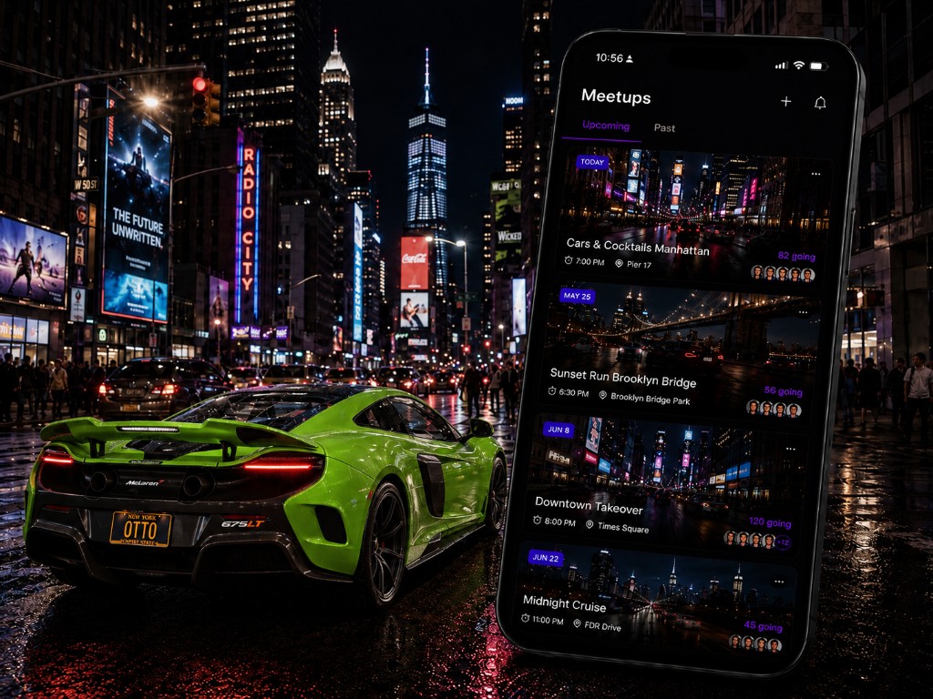 Driftd Meetups on iPhone over a wet New York night: lime McLaren 675LT with OTTO plate, Radio City and Times Square lights, and upcoming event cards.