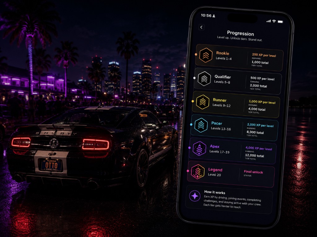 Driftd Progression tiers and XP on iPhone, over a night street scene with a Ford Mustang Shelby GT500 and purple-lit palm trees.