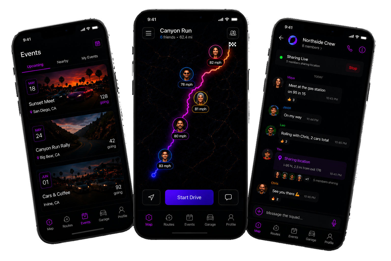 Three iPhones showing Driftd: Events tab with meets and RSVP counts, Canyon Run live map with friends and speeds along a glowing route, and Northside Squad chat with live location sharing.